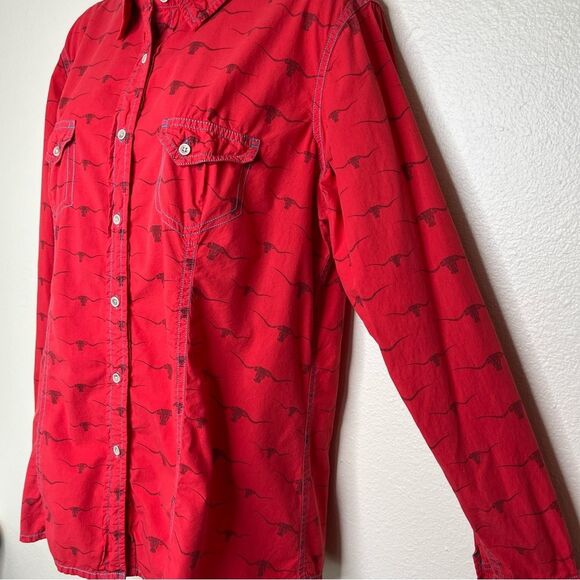 Barn Fly Red Steer Bull Print Long Sleeve Roll Tab Button Front Shirt Women XL - Picture 4 of 13